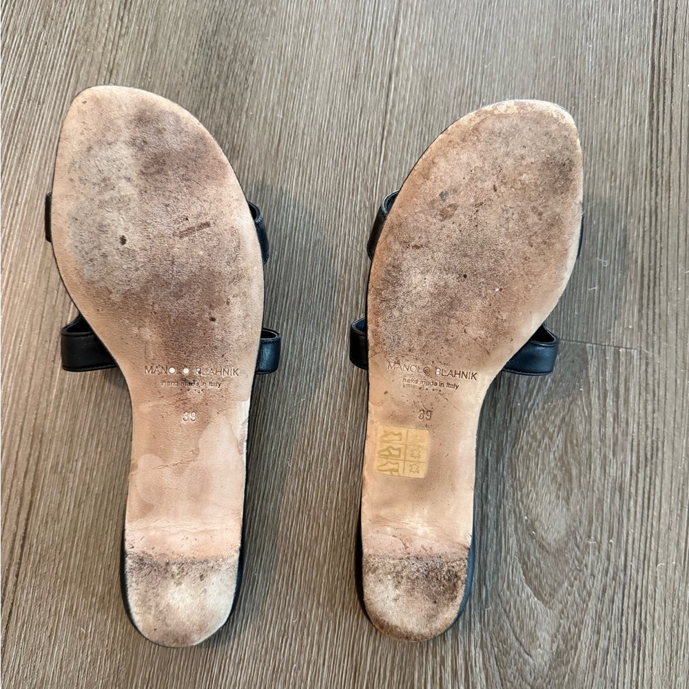 Manolo Blahnik Black Leather Slide Sandals - Picture 2 of 3